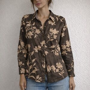 Spartina Brown Floral Button Front Shirt Medium Cottage Prairie Boho